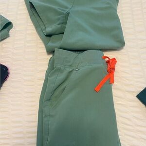FIGS Women's Scrub Set in Sage Green with Orange Drawstring